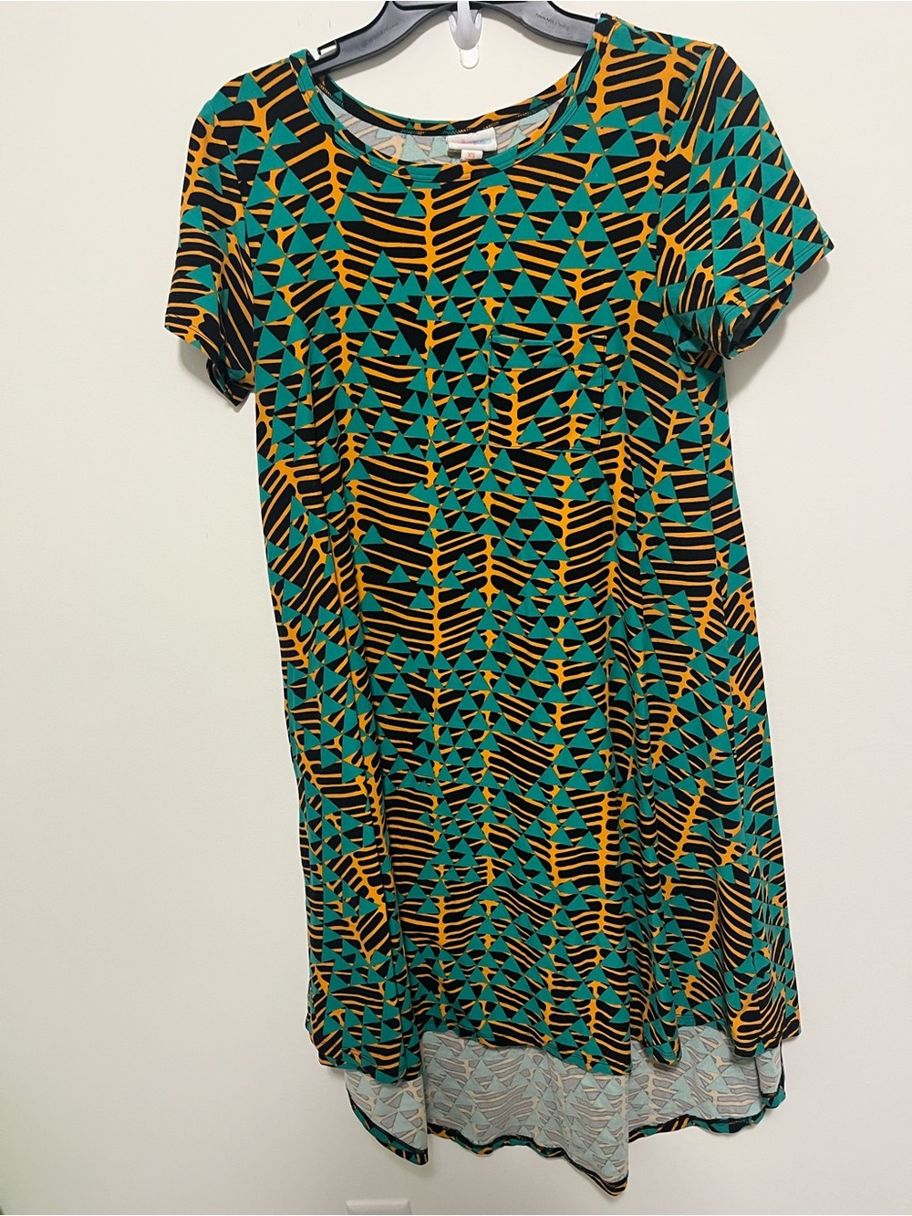 LuLaRoe Green and Mustard Geometric High-Low Dress